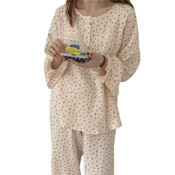 

Pajamas Women's Spring Autumn Style Suits Cotton Blended Leisure Comfortable Breathable Long-sleeved Round Neck Warmth Home Wear