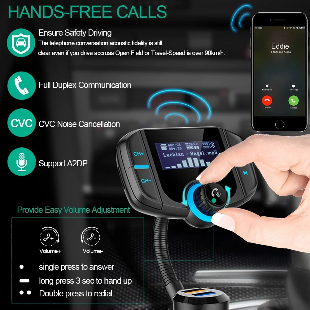 Bluetooth fm-передатчик с QC 3,0 беспроводной адаптер для автомобильного радио громкой связи с 1,7 дюймовым дисплеем и двойной зарядное устройство usb