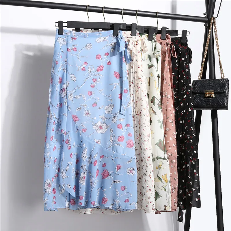 

Women's Bohemian Beach Chiffon Skirts Female Summer 2019 New Floral Fishtail Lace Up Skirt Ruffled Irregular Skirts With Lining