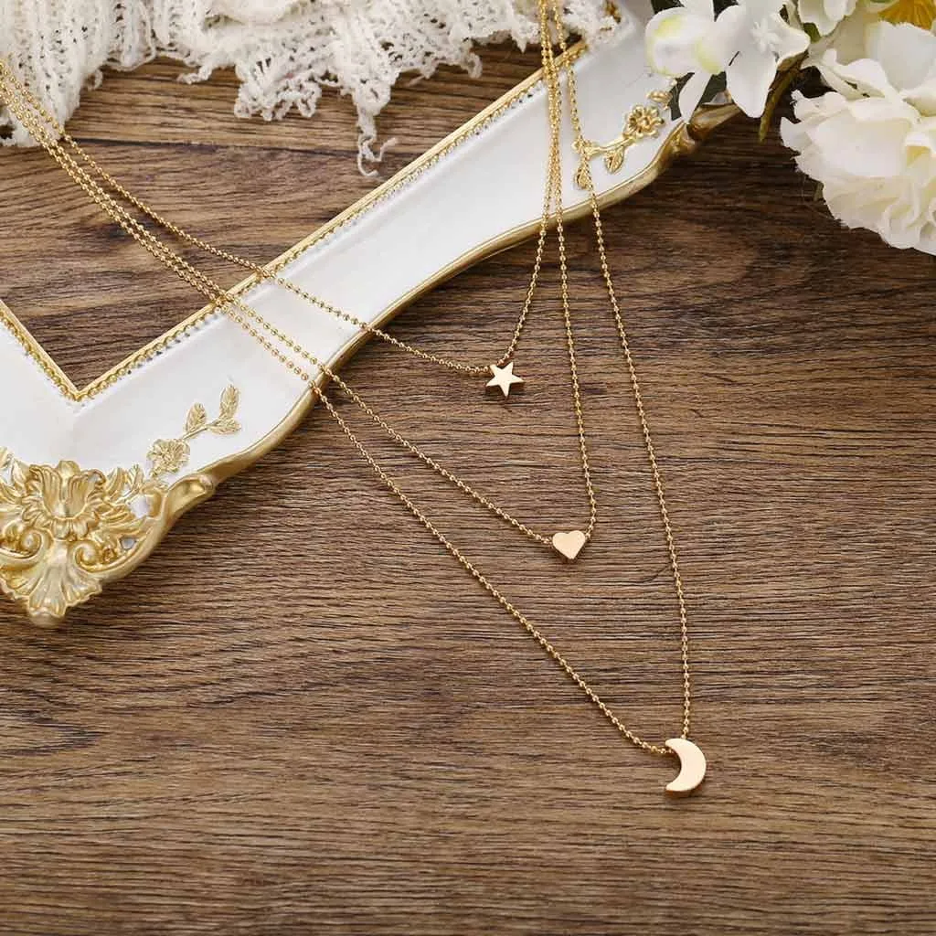 

Vintage Metallic Golden Moon Stars Love Chain Lock Necklace Fashion Multilayer Pendants Necklaces Women's Choker Jewelry