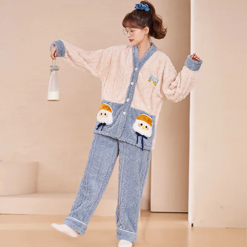 

New Coral Velvet Women Autumn Winter Pajamas Set Thick Warm Flannel Two Piece Leisure Suit Loungewear Loose Casual Home Clothes