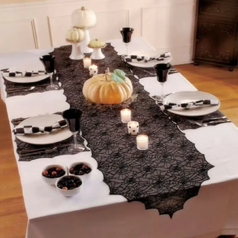 Черная кружевная паутина скатерть с летучими мышами, украшение стола, камин для Хэллоуина, кухни, дома, вечерние, дом с привидениями