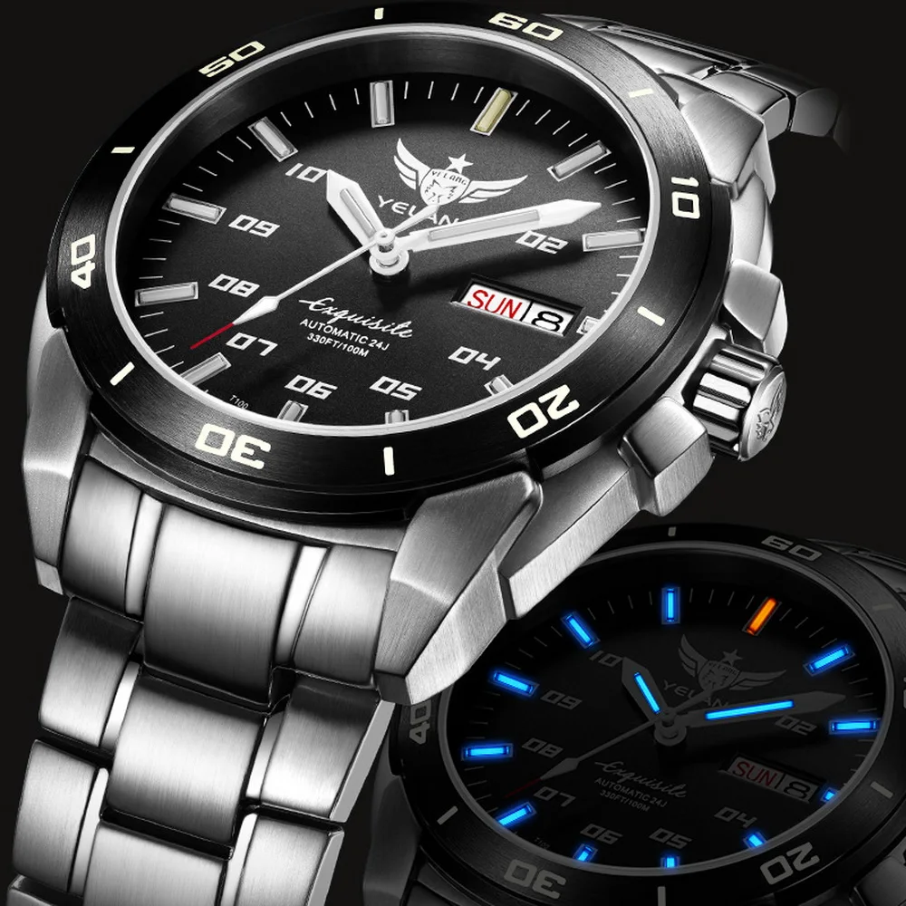 Мужские T100 тритиевые наручные часы, мужские часы для дайвинга Yelang автоматические meachnical H3 наручные часы водонепроницаемые мужские спортивные часы reloj hombre V1020 - Цвет: steel band blue