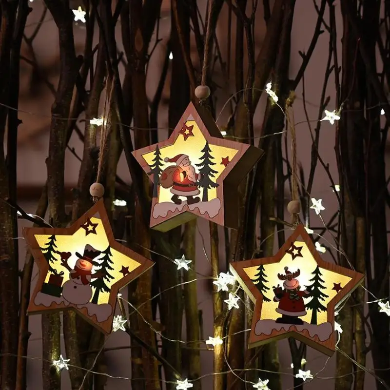 Деревянный пятиугольник кулон Рождественская елка звезда светодиодный Сказочный светильник Орнамент Ремесло Рождественская елка украшение светодиодный светильник