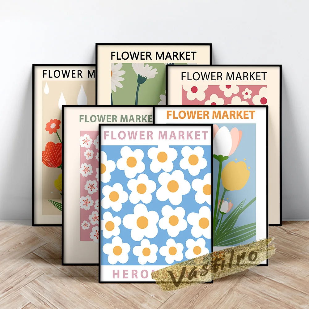 

Retro Minimalist Flower Market Art Prints Canvas Painting Poster Nordic Modern Wall Picture Digital Spring Gallery Wall Decor