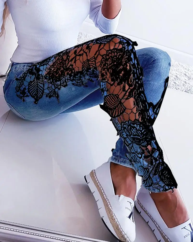 Женские кружевные вязаные крючком сексуальные выдалбливают джинсы