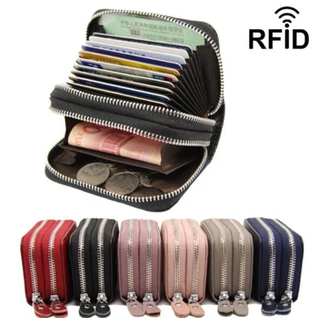 

Genuine Leather Women Business Card Holder Wallet Double Zipper Bank Credit Card Case ID Holders RFID Wallet Coin Purse Red Pink