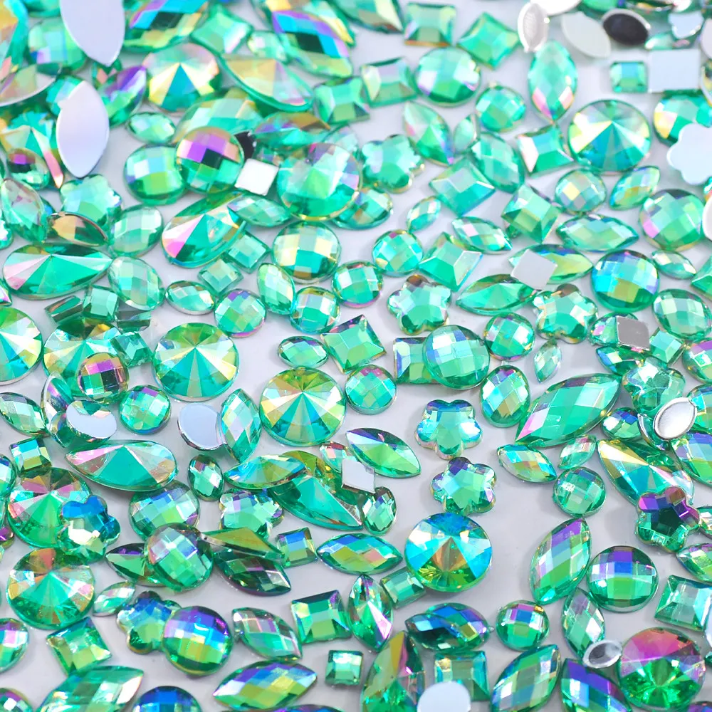 Sky Blue Glitter AB Nail Art Crystal Rhinestones - 300Pcs Mixed Shape Flat Back 3D Decoration Stones