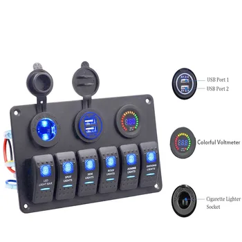 

Waterproof Marine 6 gang Switch Panel Colorful Digital Voltmeter Rocker Switch Panel With Blue Led Dual USB Port for Boat Car