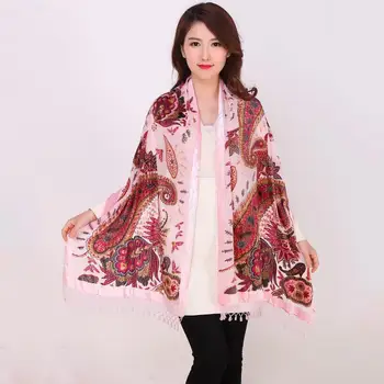 

New Arrival Women's 100% Silk Shawls Scarves Chinese Style Vintage Print Pashmina Cape Tassel Wrap Chal Novelty Poncho Stole
