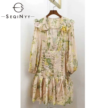 

SEQINYY 100% Linen Dress 2020 Summer Spring New Fashion Design Women Lantern Sleeve Flowers Pink Lace up Beige Mini Dress