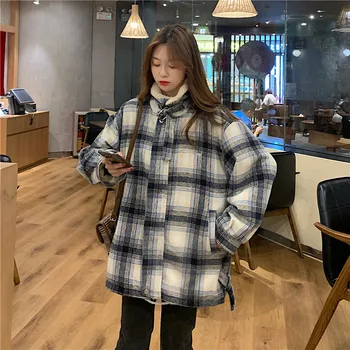 

Winter Plaid Jacket Women Parkas Coat Faux Lamb Coat Autumn Winter Short Lapel Collar Thicken Warm Outerwear Student Clothing