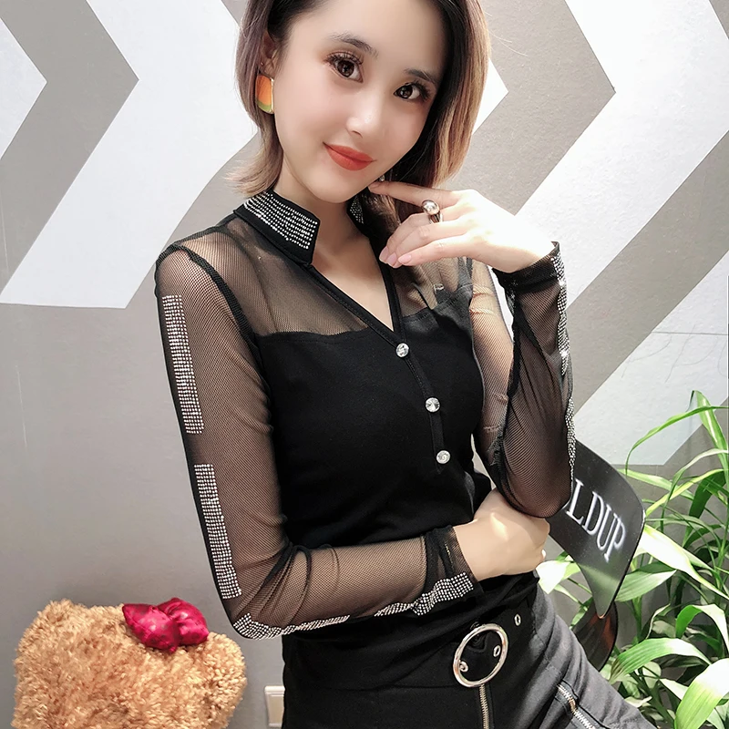 Koop Mode Patchwork Mesh Sexy Diamanten Knop Tshirt Europese 2019 Nieuwe Herfst Winter Vrouwen Lange Mouw Top Camiseta Mujer T98507