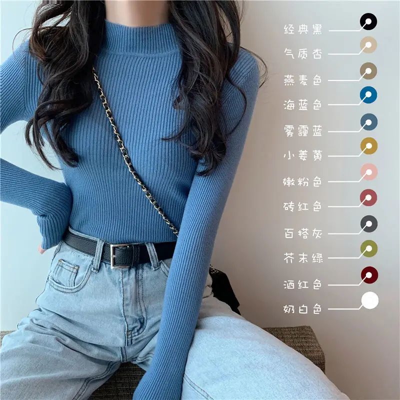 

2020 Autumn and Winter New Half Turtleneck Short Sweater Bottoming Shirt Slim Long-Sleeved Sweater for Women