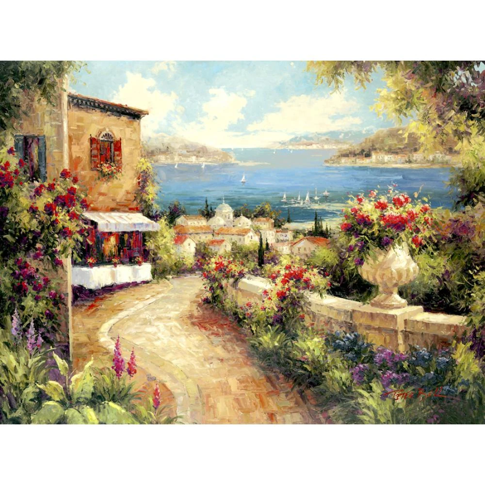 Canvas Wall Art Italian Landscape Garden Oil Painting Handmade Modern Coastal Mediterranean