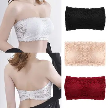 

Women Lace Solid Color Floral Wire Free With Chest Pad Tube Top Beautiful Back Bra Strapless Sexy Hollow One Size Bra.w
