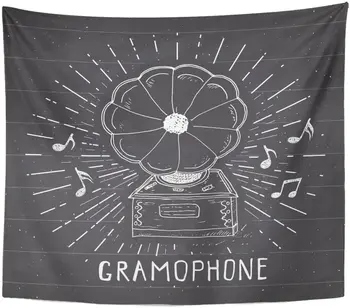 

Audio Gramophone Vintage Label Sketch Retro Badge on Chalkboard Tapestry Home Decor Wall Hanging for Living Room Bedroom Dorm 50