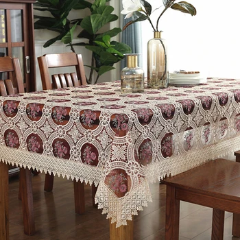 

Embroidery Lace Tablecloth dinning cloth Table Cover TV covers Hollow out tea tablecloths sofa towel Wine red HM1408