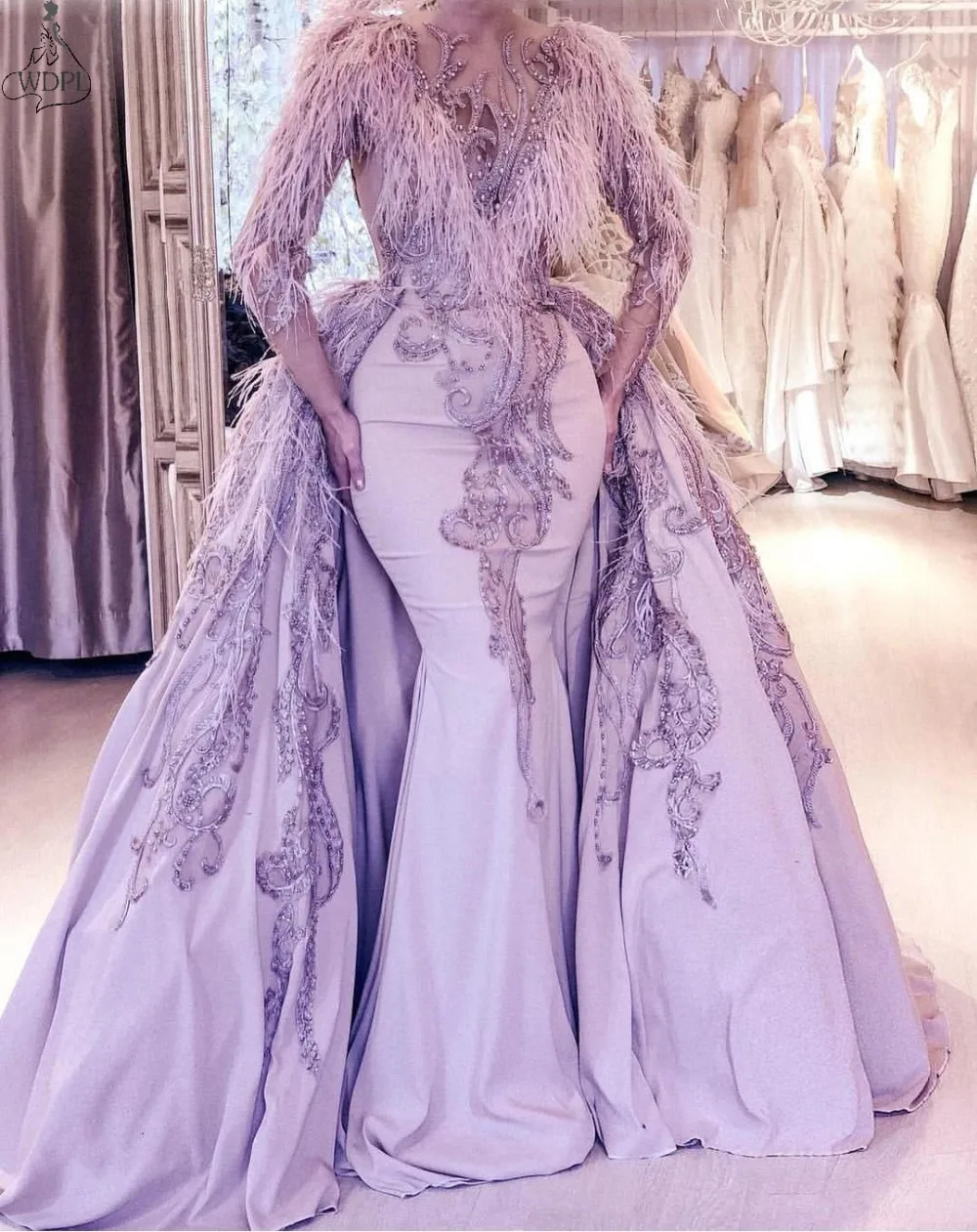 Lavender Mermaid Prom Dress With Detachable Train 2019 Feather Evening Gowns Long Sleeve Overskirts Beads Embroidery Formal Plus Size GownLavender Mermaid Prom Dress With Detachable Train 2019 Feather Evening Gowns Long