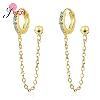 

New Pure 925 Sterling Silver Double Hoop Earrings Chain Small Round Circle Hoop Tassel Earring Two Ear Holes Helix Piercing