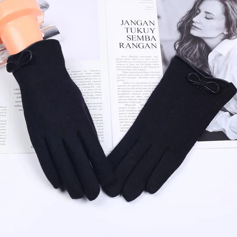 winter wool gloves for women warm plus velvet thickening riding touch screen gloves female long mittens cashmere gloves - Цвет: black