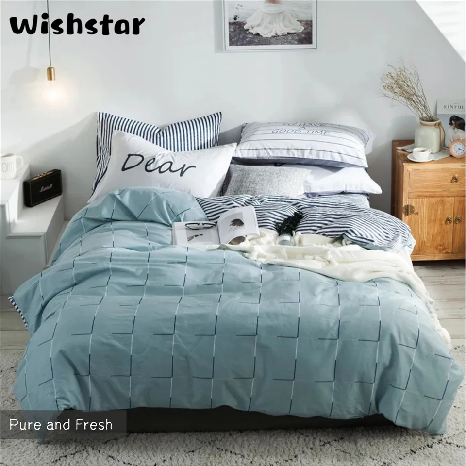 Wishstar, скандинавские простые геометрические синие одеяла и комплекты белья, хлопок, Мужская эластичная натяжная простыня, Комплект постельного белья, один двойной размер