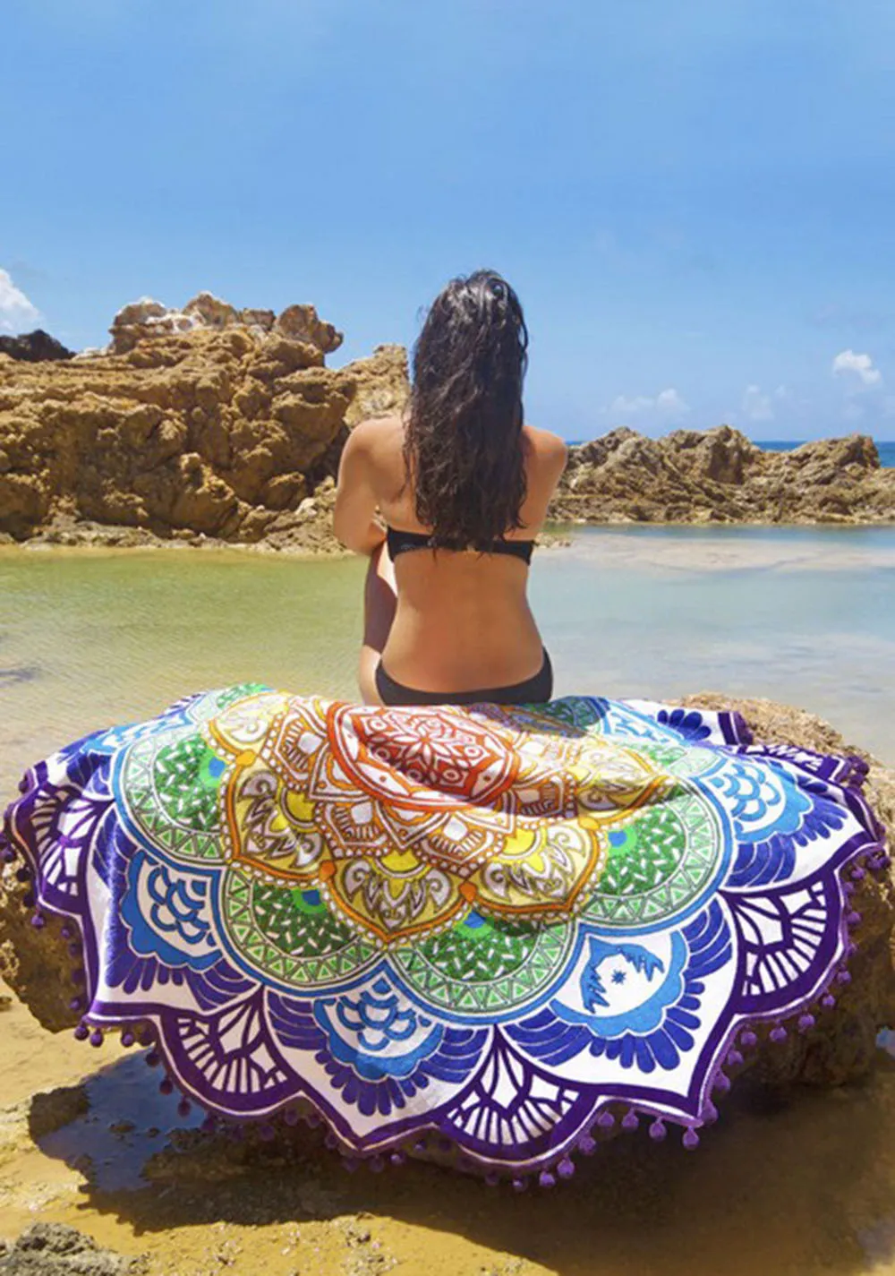 Round Beach Towel Yoga Blankets Diameter 150cm Yoga Mat with Flowers Pattern Indian Mandala Tapestry Picnic Mat Valentine's Day (12)
