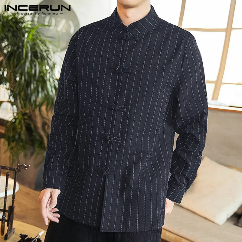INCERUN мужской костюм в китайском стиле, модная полосатая Повседневная рубашка с воротником и пряжкой в стиле ретро, удобная Хлопковая мужская блузка