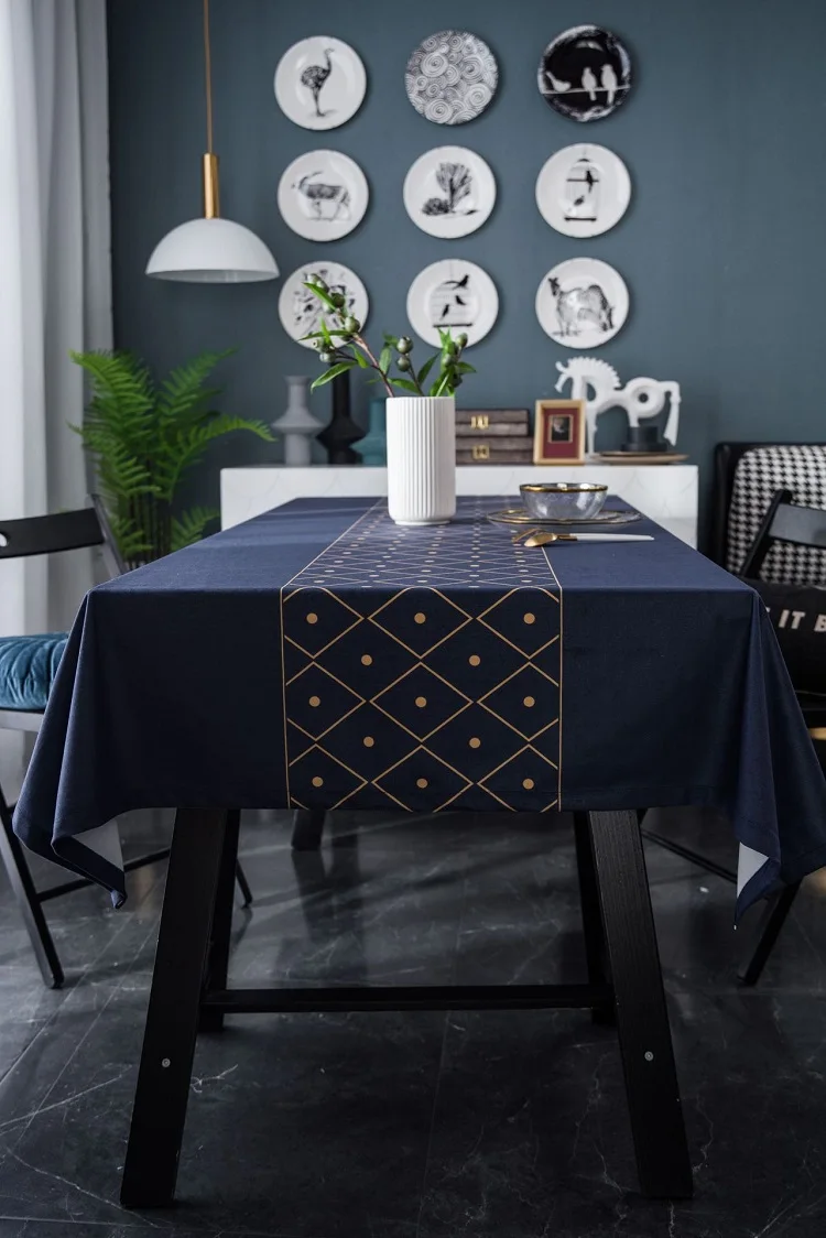 Бархатная прямоугольная скатерть для обеденного стола золотистого и синего цвета с геометрическим рисунком для свадебной вечеринки, кухонная скатерть из полиэфирного волокна