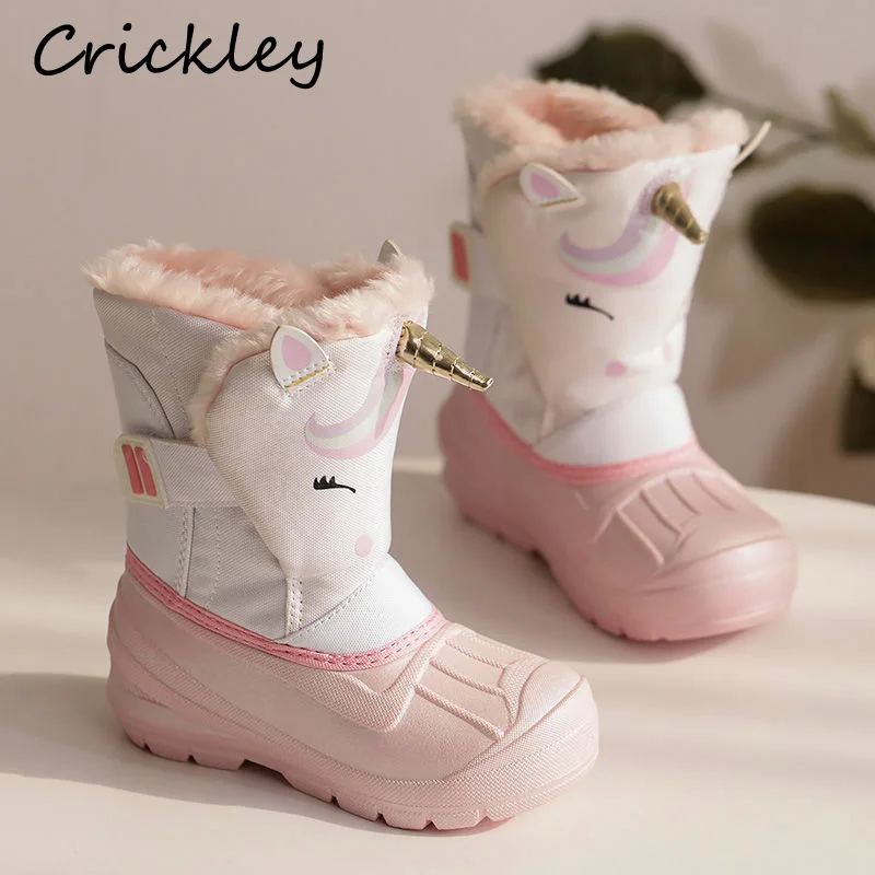 Children Snow Boots Lovely Cartoon Unicorn Pattern Waterproof Kids Boots for Boys Girls Winter Plush Warm Non Slip Toddler Boots autumn winter baby knitted hats kids girls boys beanies caps lovely cartoon bear pattern soft warm children hat