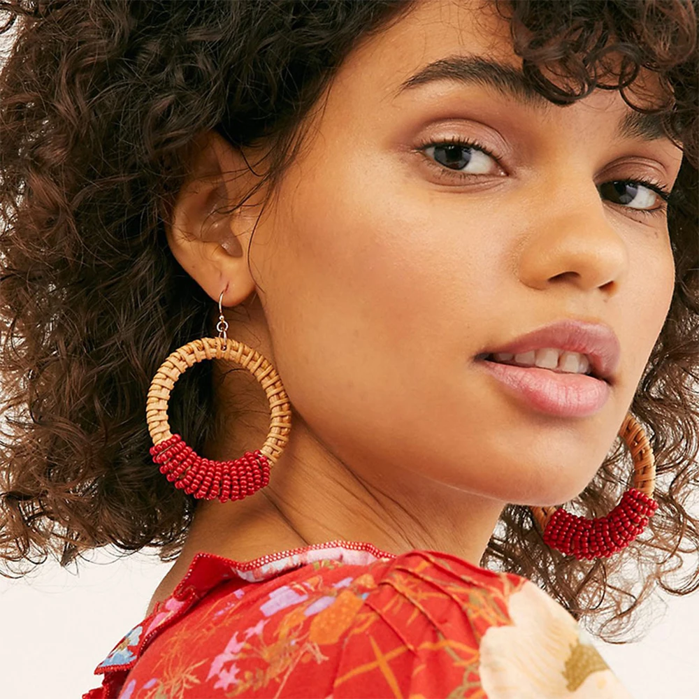 

Beaded Rattan Wooden Drop Earrings Vintage Handmade Round Dangle Earrings Party Statement 2019 Women Jewelry Wholesale