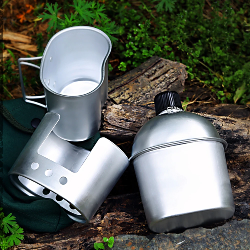 3pcs Wood Stove Set Aluminum Military Canteen Cup Water Bottle Camping