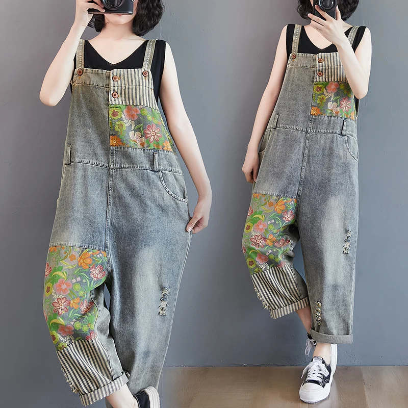 

Vintage Print Floral Women Rompers Autumn Off Shoulder Jeans Overalls Loose Plus Size Straight Jumpsuit Spliced Suspenders Pants