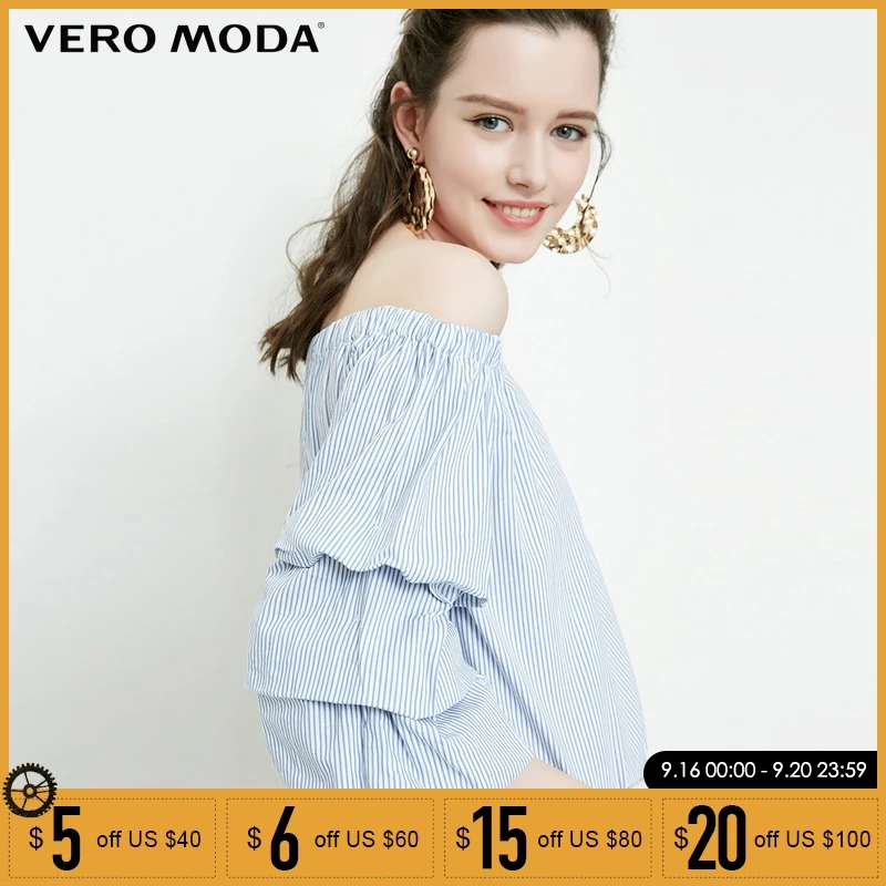 

Vero Moda 2019 Spring Summer New Elasticized Boat Neck Layered 3/4 Sleeves Striped Tops |318270501