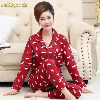 

Woman Home Clothes Cotton Sleepwear Long Sleeves Pyjamas Plus Size Red Cartoon Printing Autumn Lapel Cardigan Women Pajamas Set