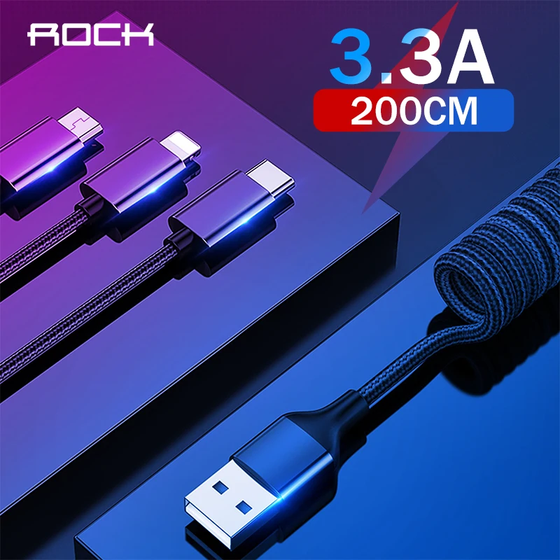USB кабель ROCK 3 в 1 выдвижной пружинный для iPhone Samsung Xiaomi А быстрой зарядки и передачи