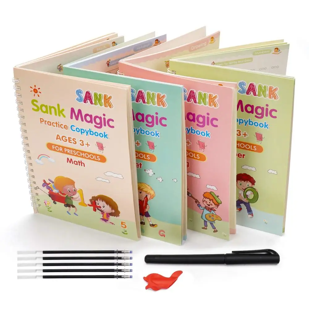 4 Books + Pen Magic Practice Book Free Wiping Children's Toy Writing Sticker English Copybook For Calligraphy Montessori Toys 1