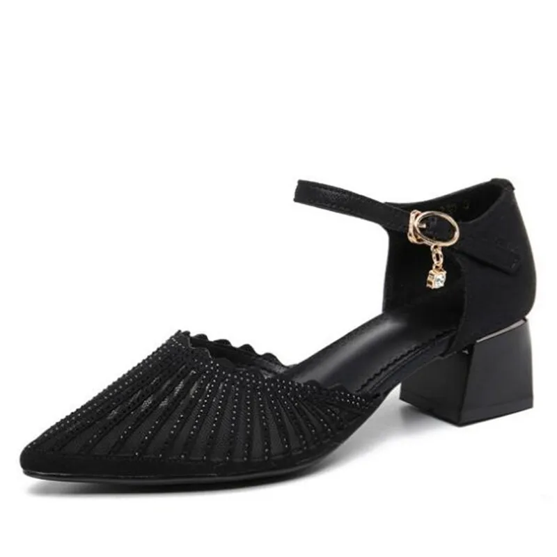 

2022 New Pointed Hollow High Heel Sandals Summer Shoes Microfiber Mesh Rhinestone Fashion Sandals Women Casual Sandals Plus Size