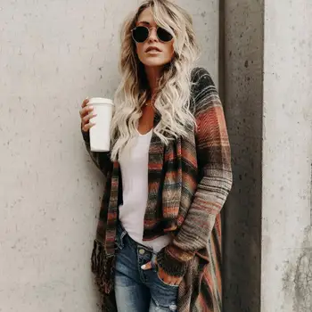 

New Fashion Women Casual V-neck Long Regular Fit, Asymmetrical hem Sleeve Tassel Prints Cardigan Regular
