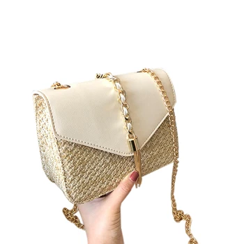 

Fringed Chain Small Flap Bag For Women Straw Crossbody Bags Ladies Summer Messenger Shoulder Handbags And Purses White