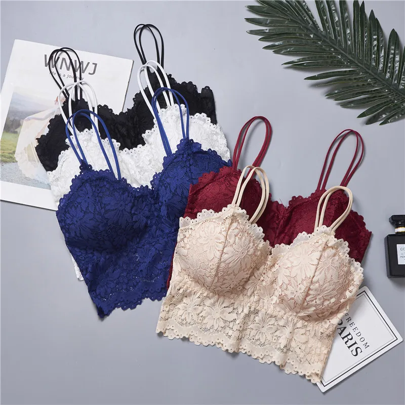 Lace Bra Double Shoulder Straps Crop Top Women Lace Tube Top Bralette Sexy Lingerie Removable Pad Female Tube Tops Underwear