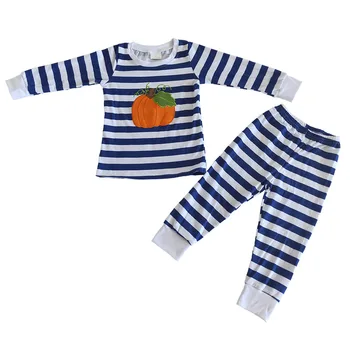 

2020 Winter Fall New Style Boys Clothing Blue White Striped Cotton embroidery Pumpkin Long Sleeve Soft Pajamas Set Wear