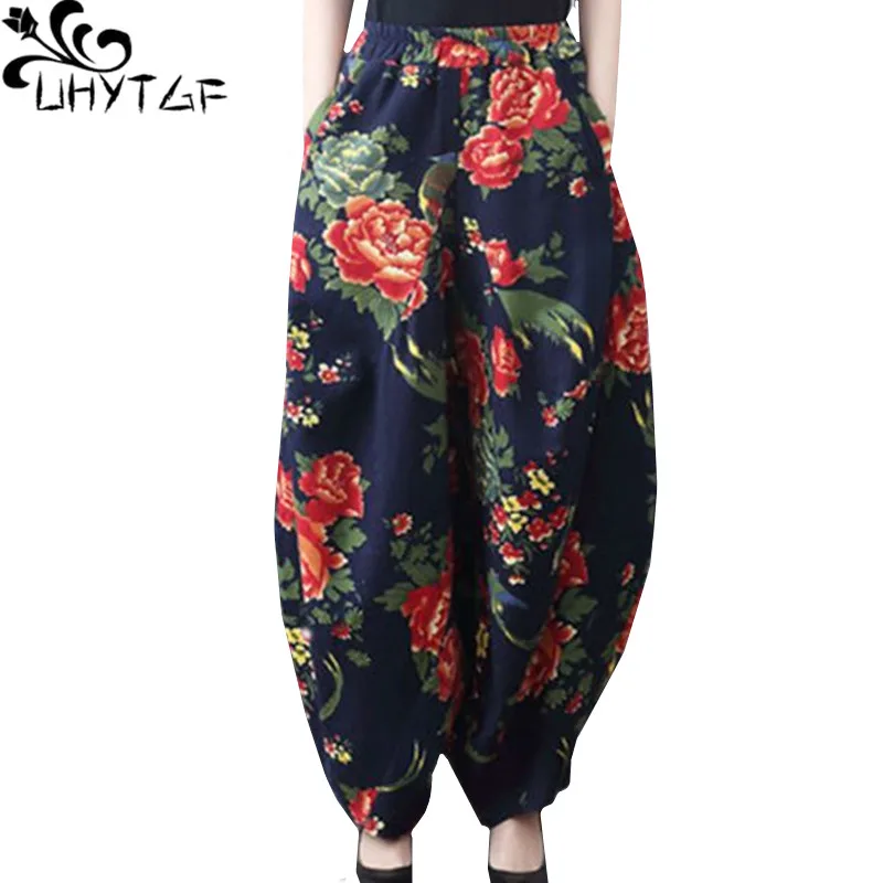 

UHYTGF Fashion Women Spring Trousers Cotton Linen Wide-Leg Loose Big Size Pants Female Square Dance Printing Elegant Pants 1652