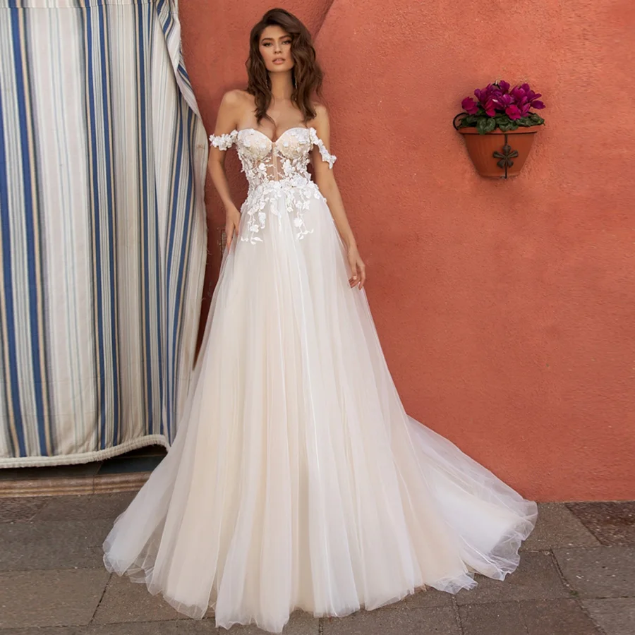 Сексуальная Иллюзия Свадебные платья Robe De Mariage с плечо Аппликация с фатиновой юбкой и цветочным рисунком; платье трапециевидной формы