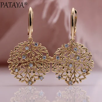 

PATAYA New Safe Tree Long Earrings 585 Rose Gold Hollow Unique Fashion Jewelry Christmas Gift Natural Zircon Luxury Drop Earring