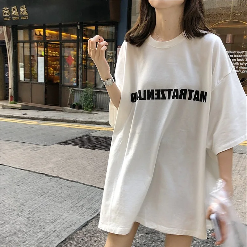 Cool Girl Letter Print Tshirt Big Size Long T Shirt Femme Summer Punk White Top For Women Korean Style Loose Tee Shirt - T-shirts - AliExpress