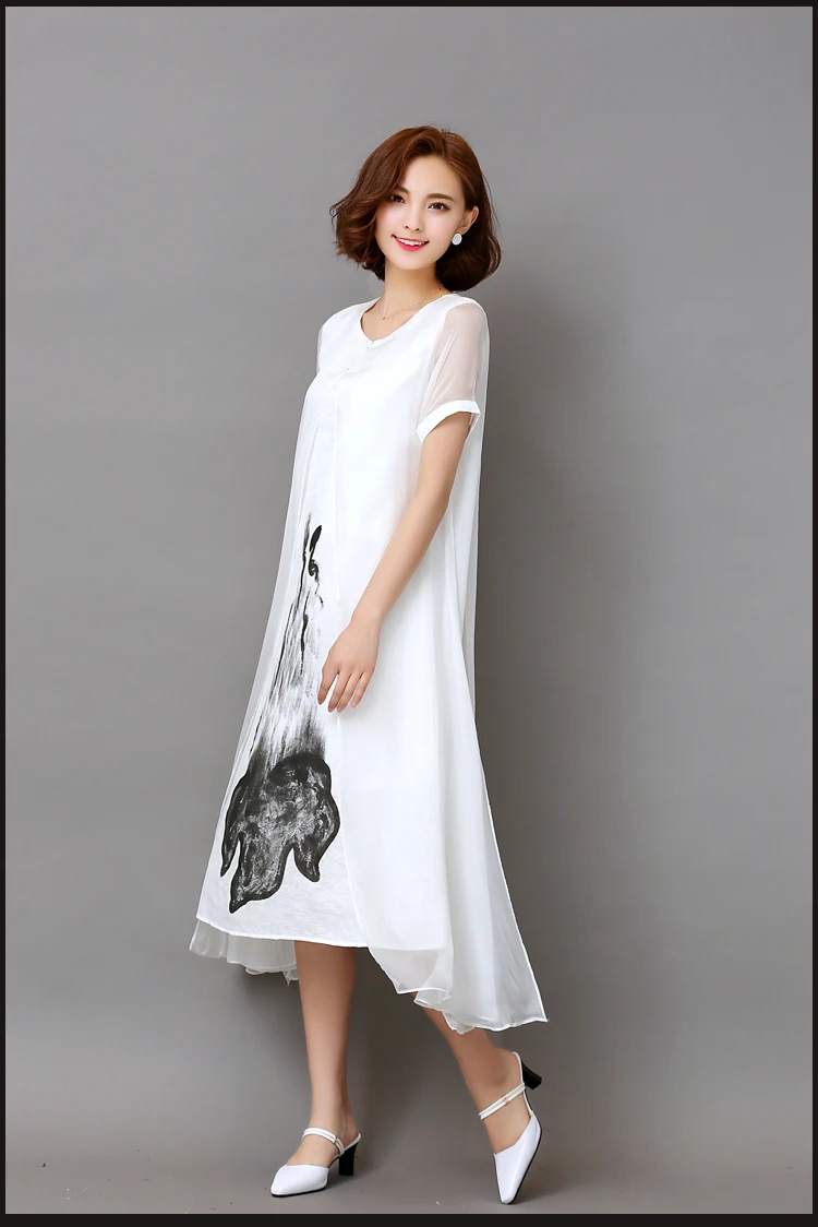 Large size M-3XL Add fertilizer to increase the new cotton and linen spell silk chiffon retro improved cheongsam dress