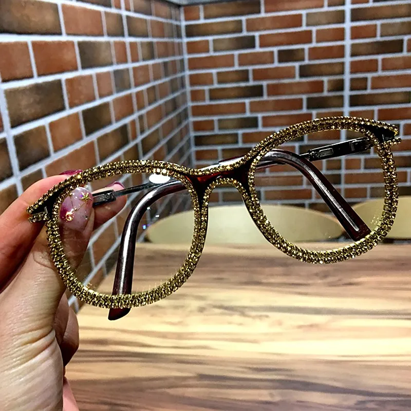 Myopia Vintage Women Sunglasses Clear Lens Glasses Ladies Luxury Men Optical Shades Rhinestone Eyeglasses