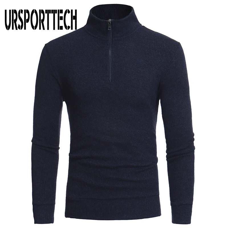 

URSPORTTECH Cotton Sweater Men Pollover Casual Knitted Sweaters Jacket Pullover Half Zipper Turtleneck Knitwear Polo-Collar Coat