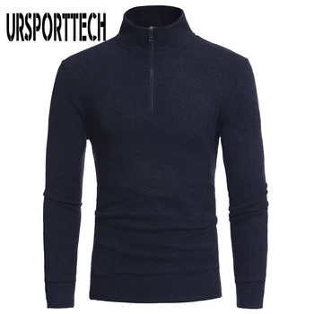 

URSPORTTECH Cotton Sweater Men Pollover Casual Knitted Sweaters Jacket Pullover Half Zipper Turtleneck Knitwear Polo-Collar Coat